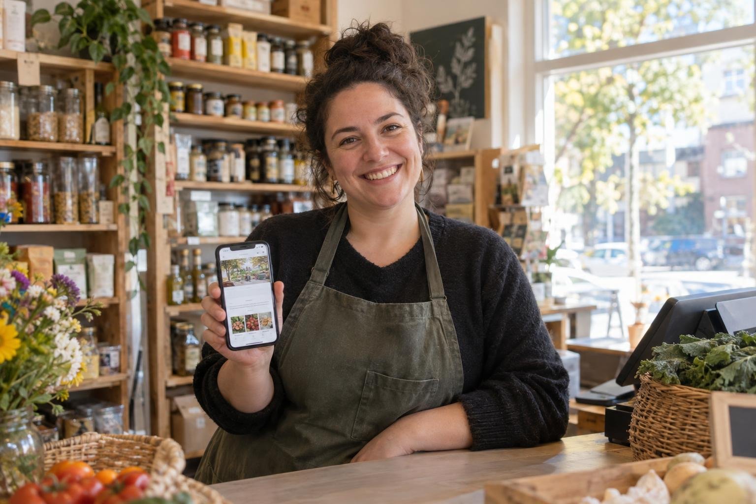 A neighborhood shop owner behind the counter, checking the shop's website on a phone