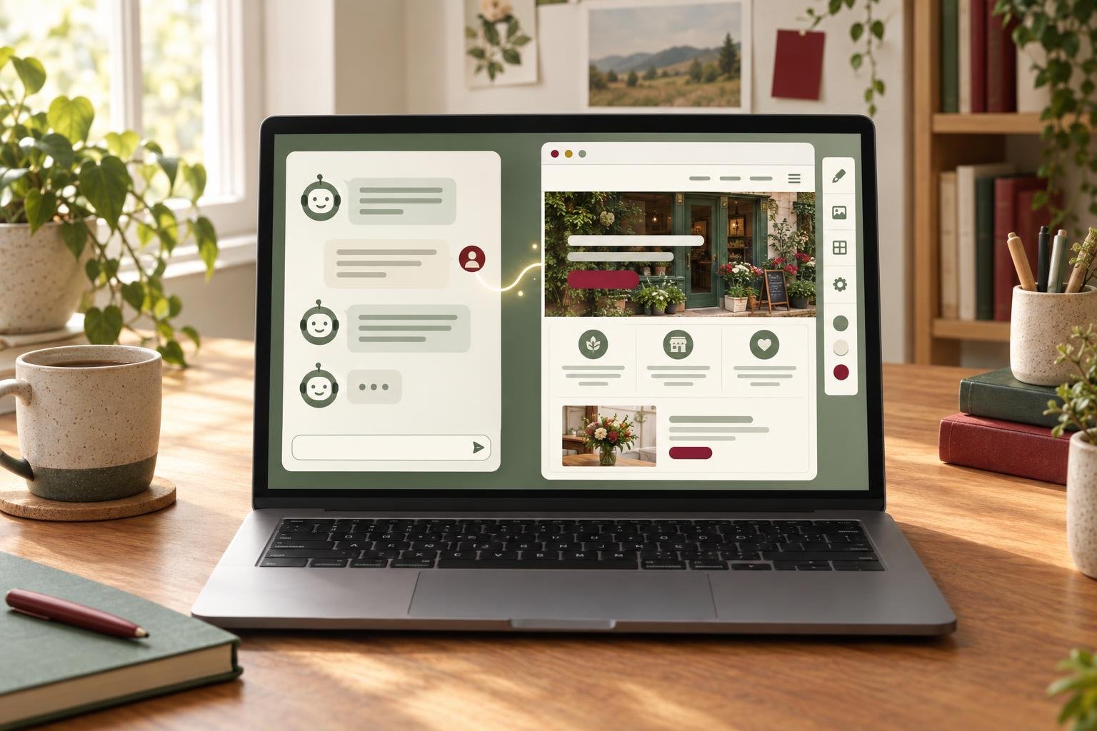 A laptop showing an AI chat on one side and a small business website taking shape on the other