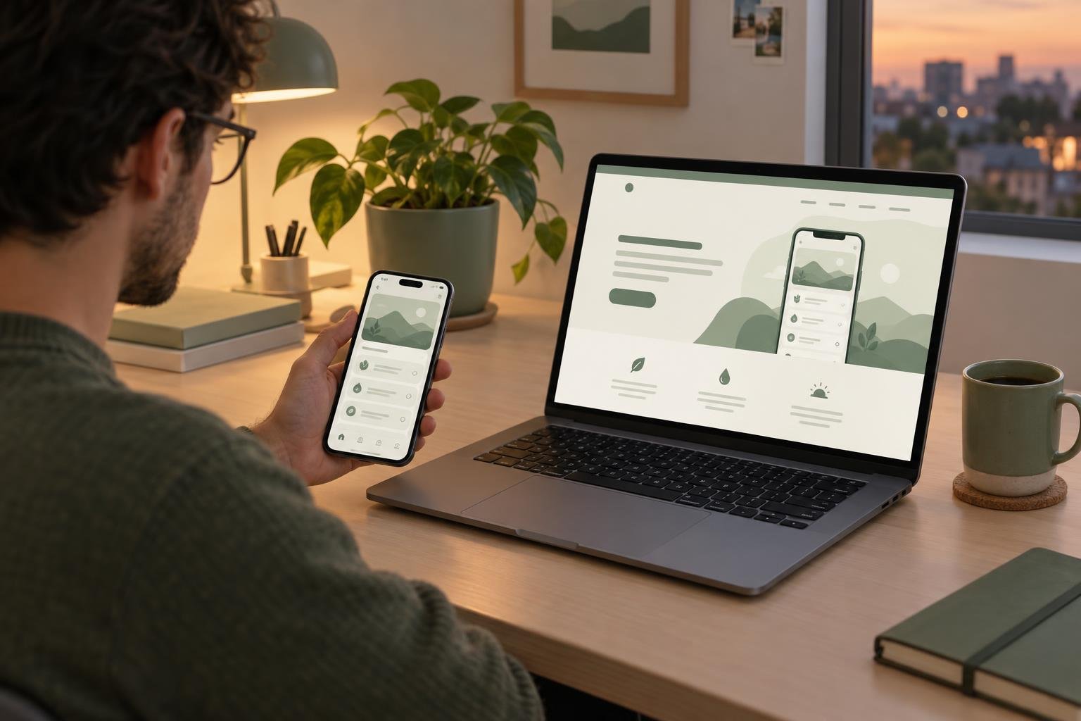 An app developer's desk with a phone running an app and a laptop showing its marketing site