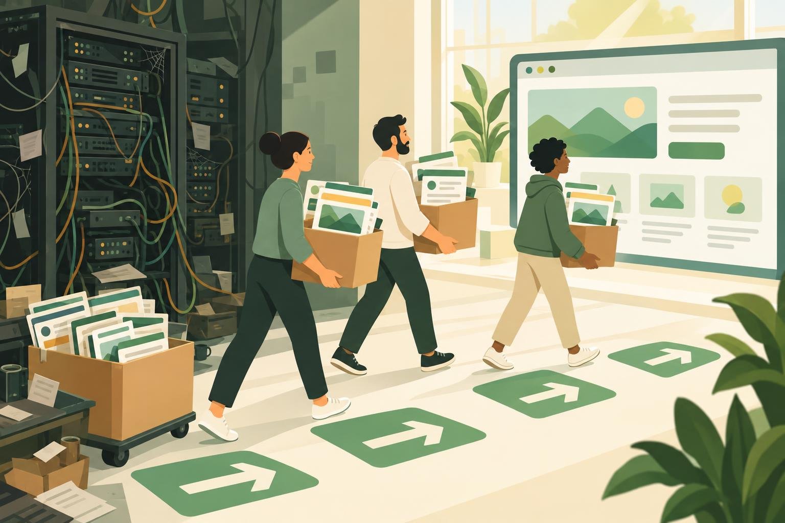 Illustration of website pages being moved in boxes from an old server to a new site, with signs pointing the way