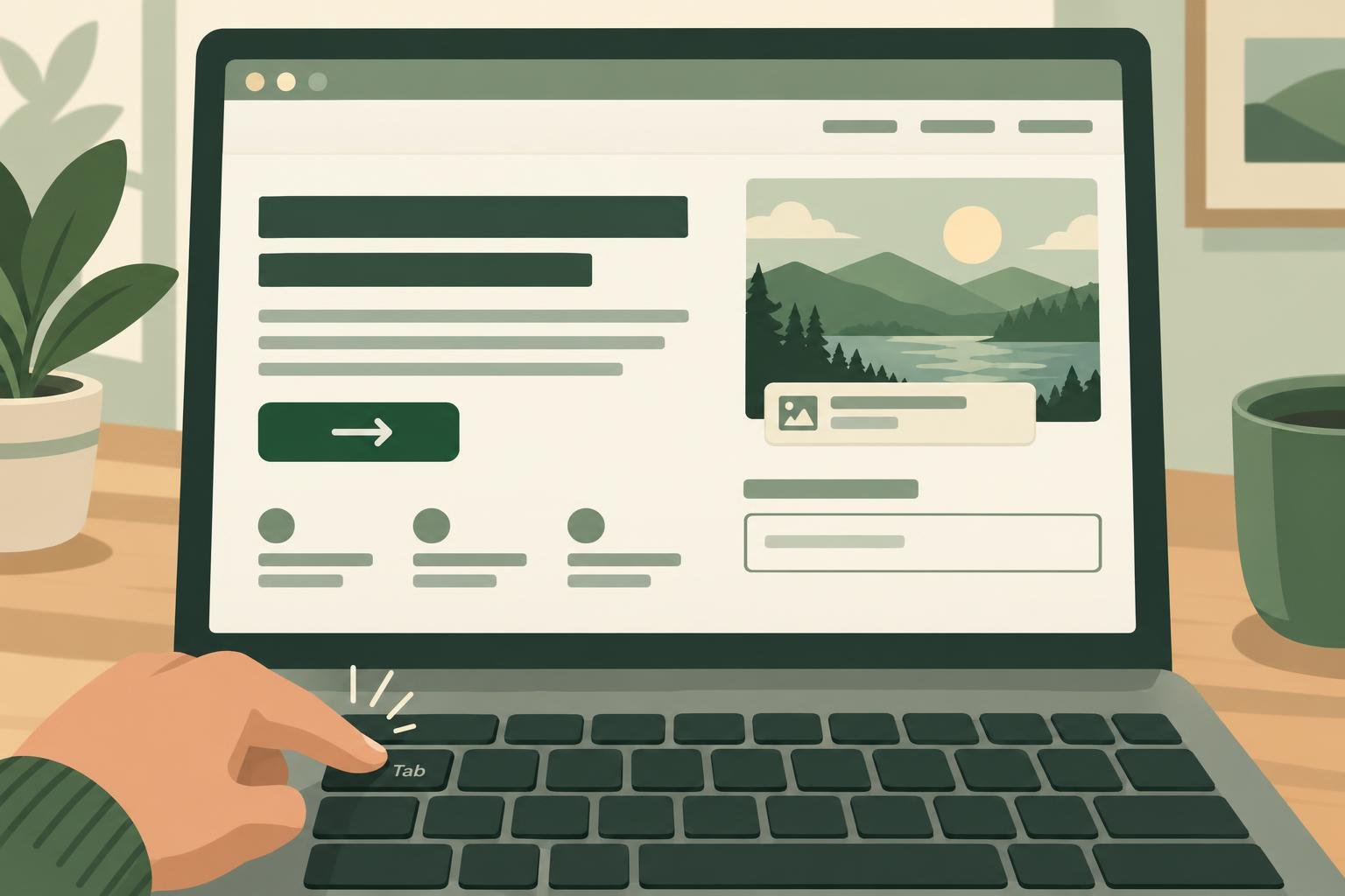 Illustration of an accessible web page with clear headings, a labeled form and a keyboard