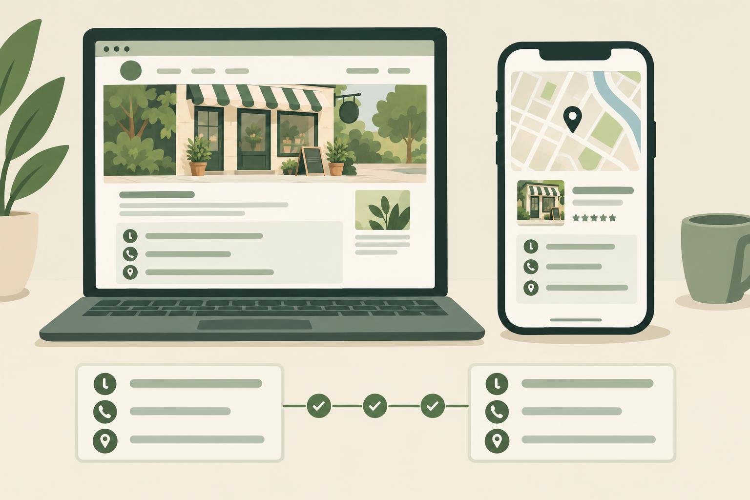 Illustration of a business website and a map listing showing the same hours and address