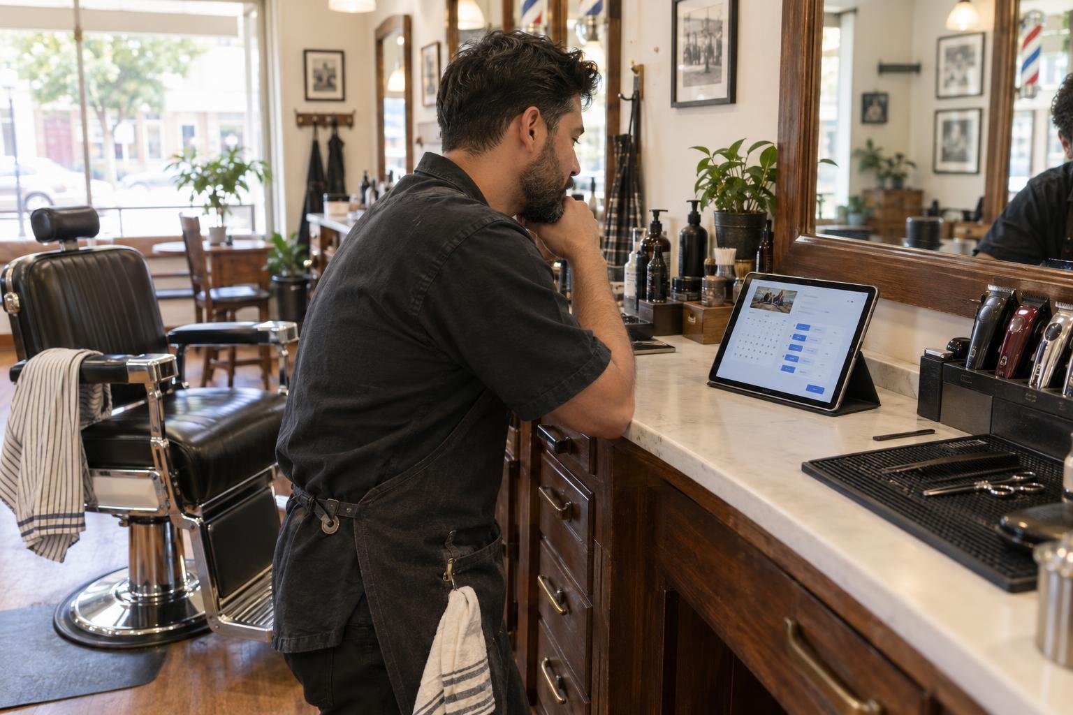 A barber in a neighborhood barbershop looking at the shop's website on a tablet