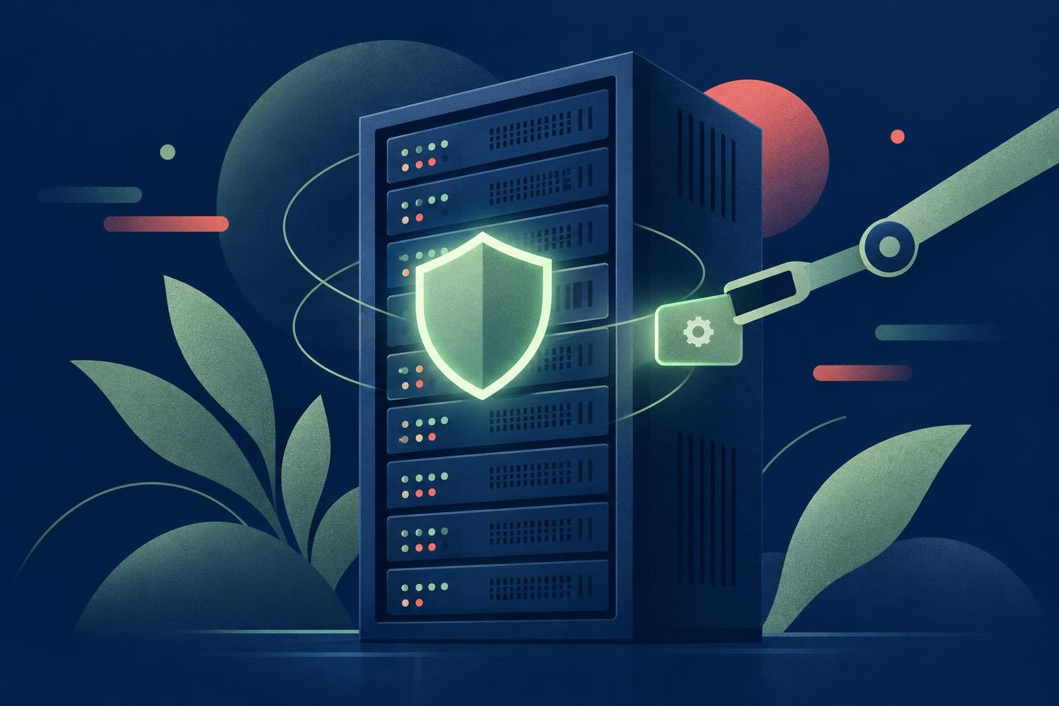 Illustration of a web server protected by a shield as a security patch is applied