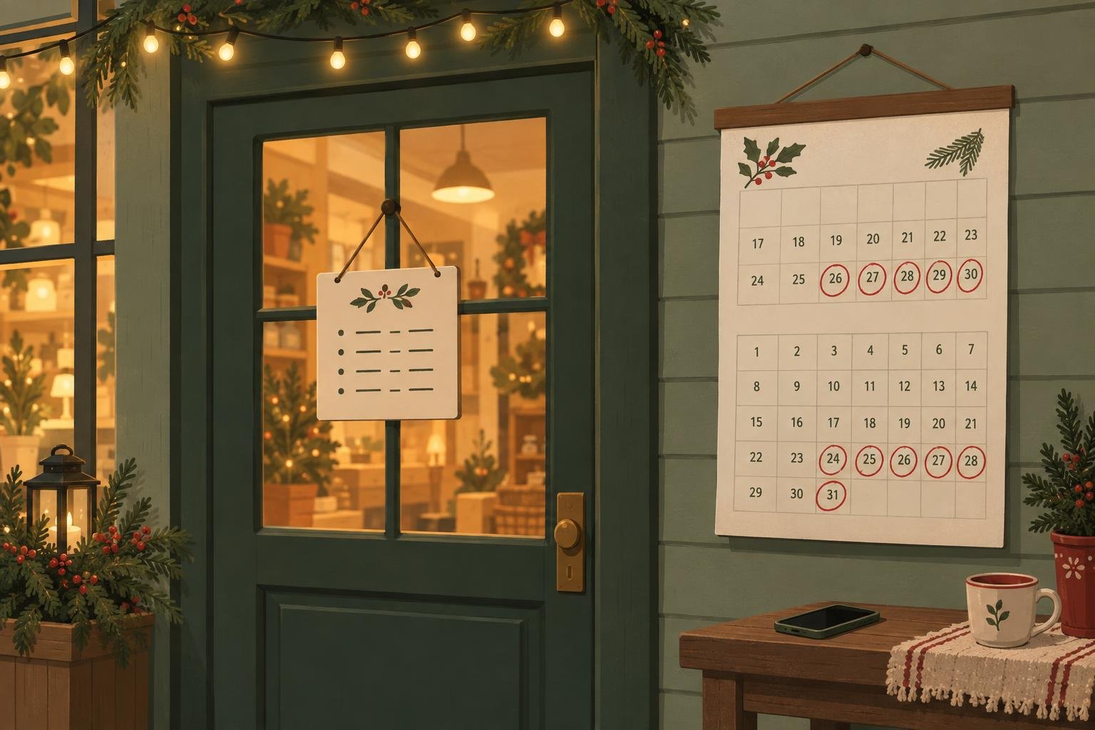 Illustration of a shop door with an hours sign and a holiday calendar