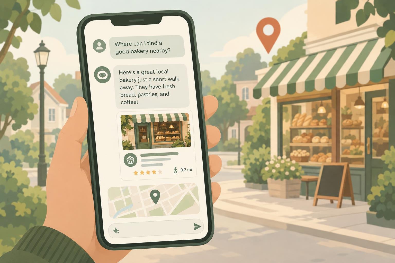 Illustration of a phone where an AI assistant recommends a local bakery